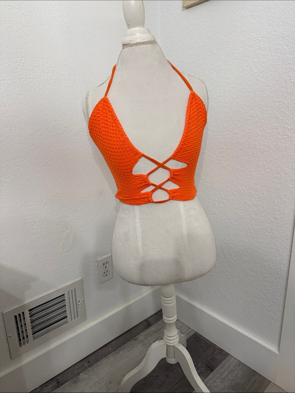 SHEIN Orange Halter Crop Top with Crisscross Back